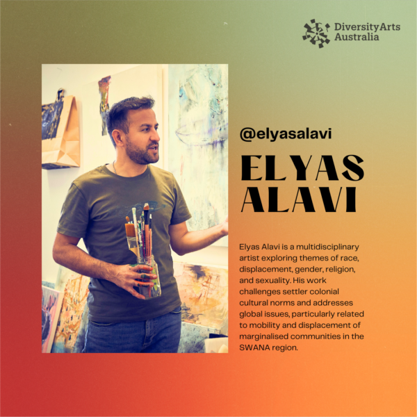 lyas Alavi is a multidisciplinary artist exploring themes of race, displacement, gender, religion, and sexuality. His work challenges settler colonial cultural norms and addresses global issues, particularly related to mobility and displacement of marginalised communities in the SWANA region.