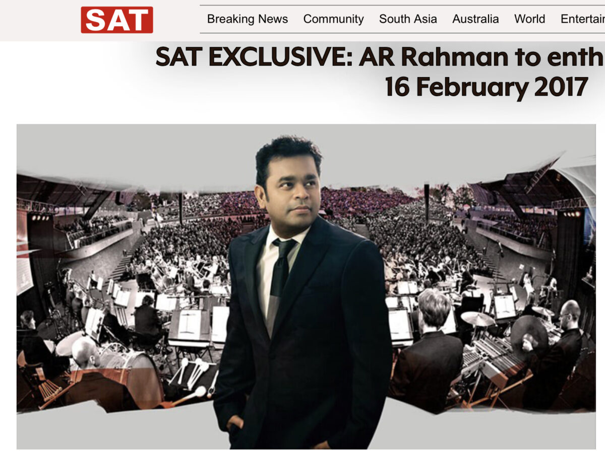Screenshot of SAT website article with a picture of AR Rahman with text about how he will be set to 'enthrall on the 16th of February 2017"