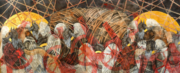 Title: transition/evacuation.  Medium: gouache,ink and gold leaf on paper. 320x140cm