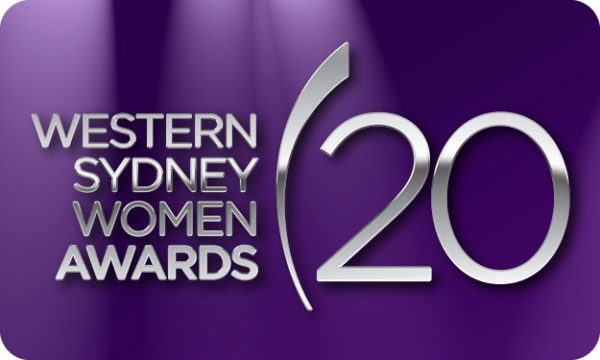 Award graphic showing silver writing 'Western Sydney Women Awards' on a purple background